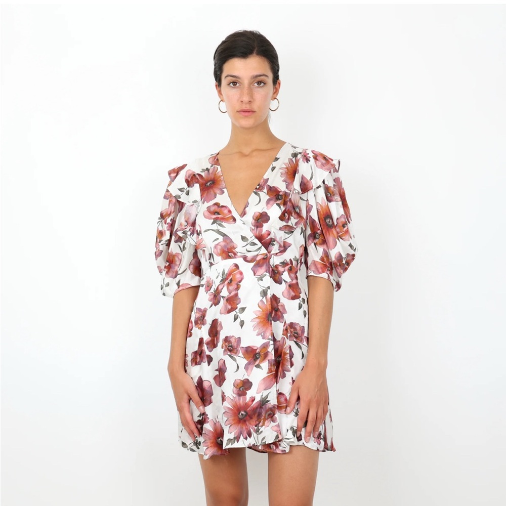 The Kooples Dress Silk Floral Print Wrap Mini Pink White Puff Sleeves Boho NWT - Picture 7 of 14